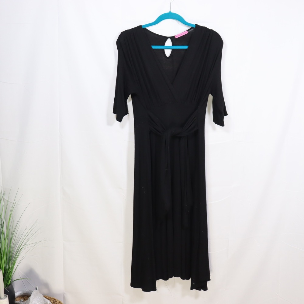Maternal America Black Maternity Midi Dress XL Short Sleeve Tie Front Keyhole